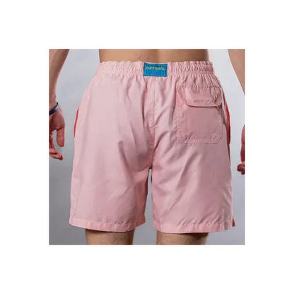 Men's pink solid linen cyclist liner swim trunks by Michael's Swim, shown from the back.