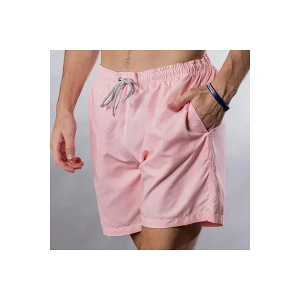 Men's pink cyclist liner swim trunks with solid linen fabric from Michael's Swim, featuring a side view.