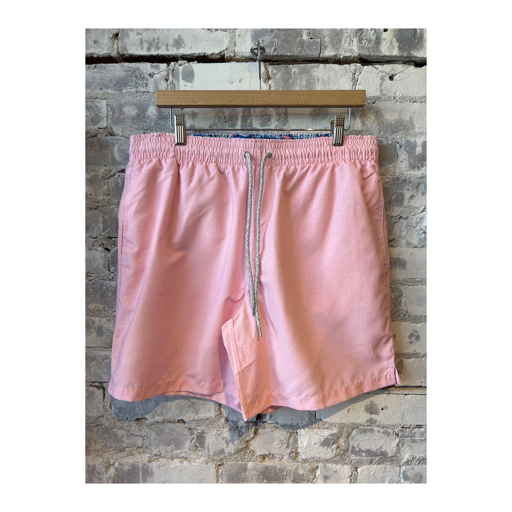 Men's pink solid linen cyclist liner swim trunks by Michael's Swim, featuring lightweight swimwear design and comfortable fit.