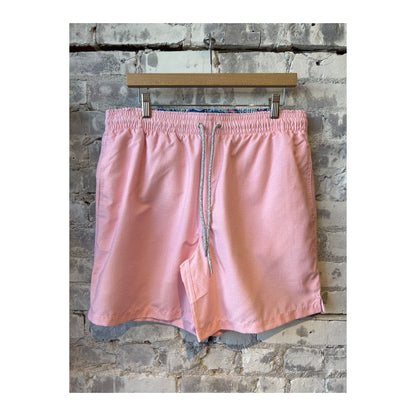Men's pink solid linen cyclist liner swim trunks by Michael's Swim, featuring lightweight swimwear design and comfortable fit.