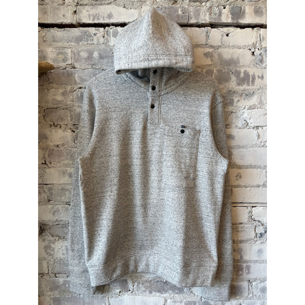 Men's Relwen Micropile Hoodie in light grey speck with a cozy fleece texture and relaxed fit, perfect for casual wear.