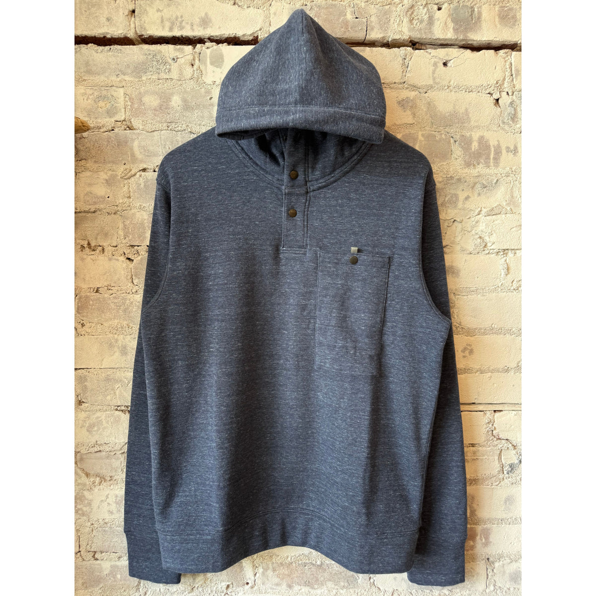 Men's navy speck Micropile Hoodie by Relwen, featuring a cozy fleece fabric and casual fit, perfect for layered winter wear.