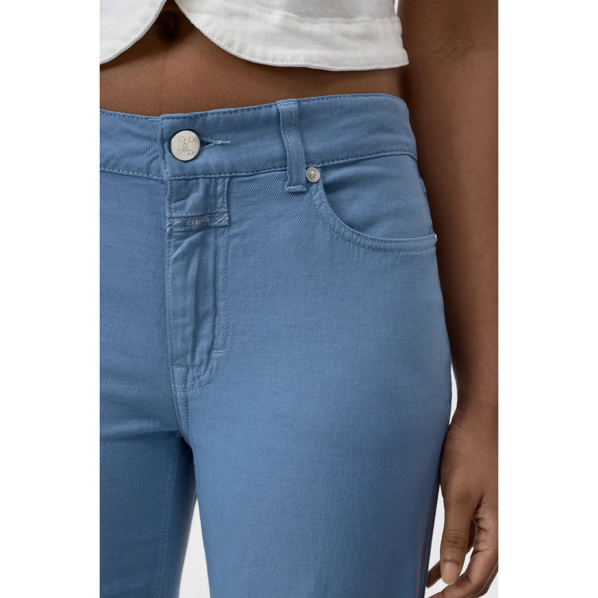 Women's Milo Straight Pants in Stone Blue by Closed, featuring a slim fit and classic style, shown in a natural fabric view.
