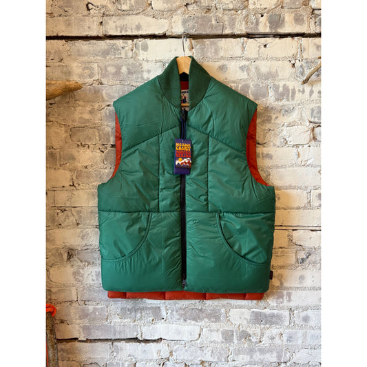 Men's Minarets Vest in Pickle from Big Rock Candy Mountaineering, showcasing durable outdoor vest with vibrant green color and functional design.