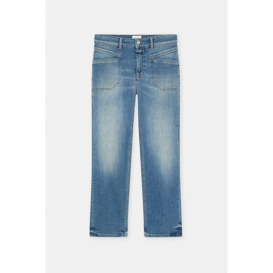 Women's Mira-X Comfort Stretch Straight Jean in mid blue, featuring a snug fit and classic straight-leg style by Closed Women's.
