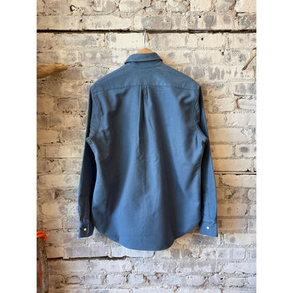 Men's Wythe Moleskin Snap Shirt in River Blue, featuring soft moleskin fabric and snap front closure, shown in a close-up image.