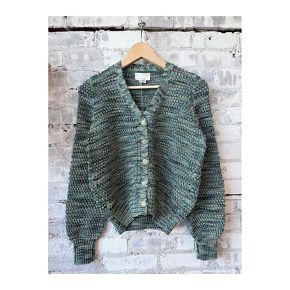 Women's Morgan Cardigan in green combo by M.Patmos, featuring a cozy knit texture and stylish layered design.