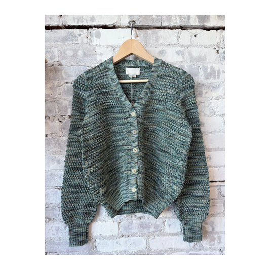 Women's Morgan Cardigan in green combo by M.Patmos, featuring a cozy knit texture and stylish layered design.