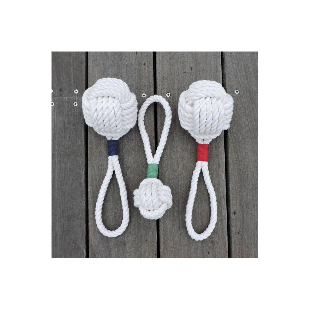 Large gray and green monkey fist rope dog toy from Mystic Knotworks, nautical-themed dog accessory with sturdy knotted design.