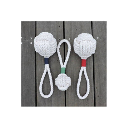 Large gray and green monkey fist rope dog toy from Mystic Knotworks, nautical-themed dog accessory with sturdy knotted design.