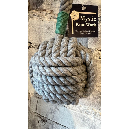 Large Gray and Green Monkey Fist Rope Dog Toy from Mystic Knotworks, durable accessory with twisted rope design for dogs.