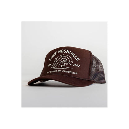N.B. GOODS Surf Nashville Trucker Hat in brown and cream with mesh back, casual accessories for sun protection and style