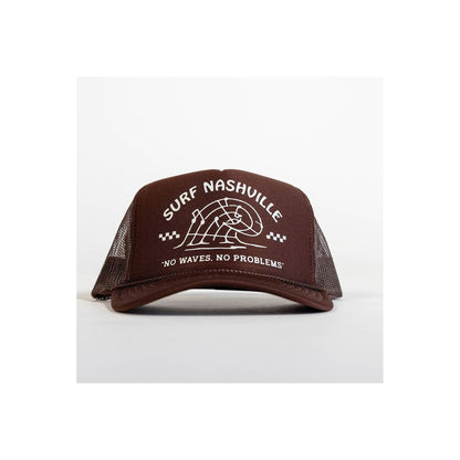 Surf Nashville Trucker Hat by N.B. GOODS in brown and cream, featuring mesh back and curved brim, casual accessory for sun protection.