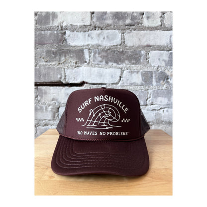 N.B. GOODS Surf Nashville trucker hat in brown and cream with mesh back and adjustable strap, casual accessories for sunny days