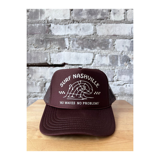 N.B. GOODS Surf Nashville trucker hat in brown and cream with mesh back and adjustable strap, casual accessories for sunny days