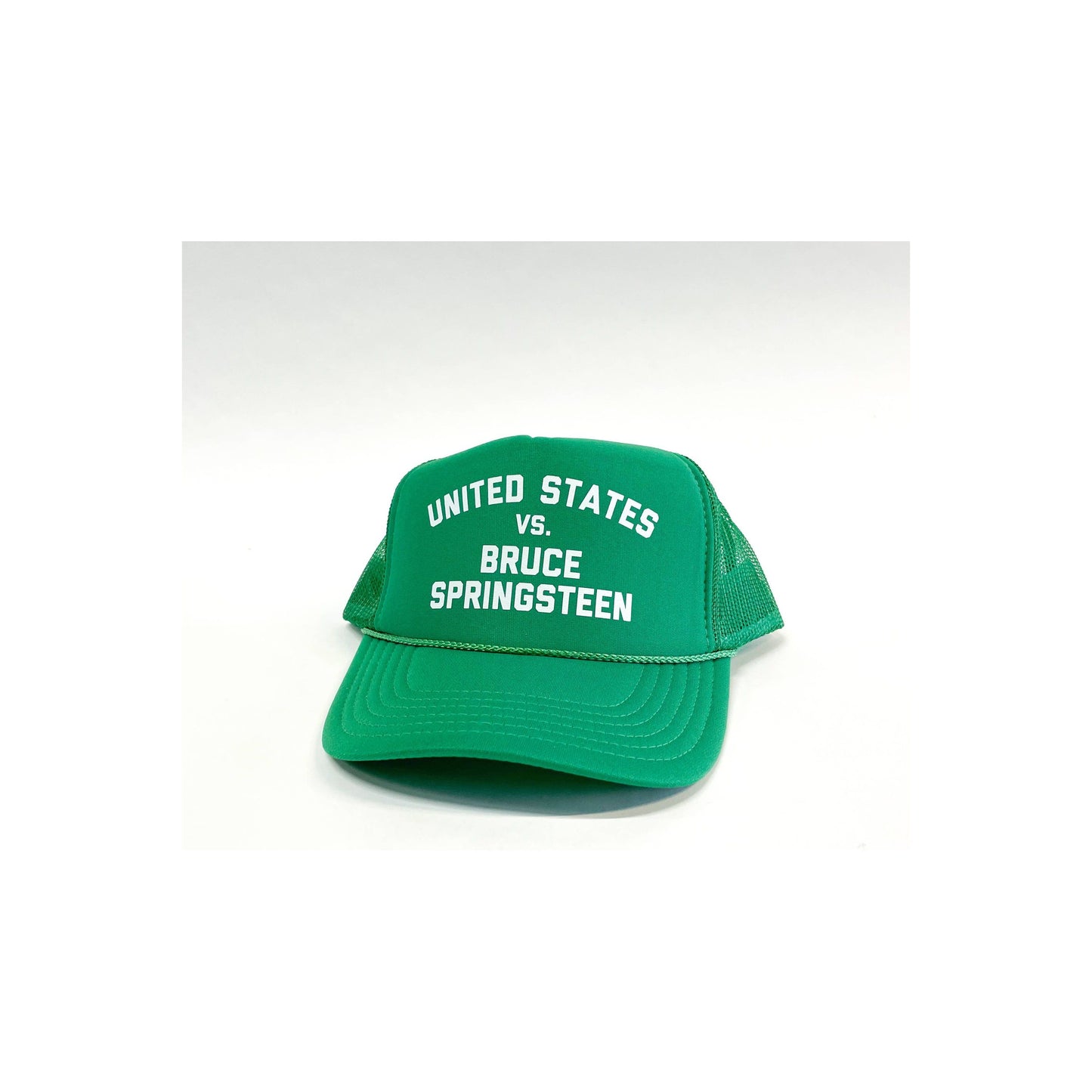United States vs. Bruce Springsteen trucker hat in Kelly green and white, branded by N.B. GOODS, featuring bold front design.