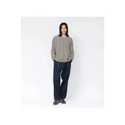 Men's navy and white striped COOLMAX jersey long sleeve tee by nanamica, showing the fabric and stylish design.