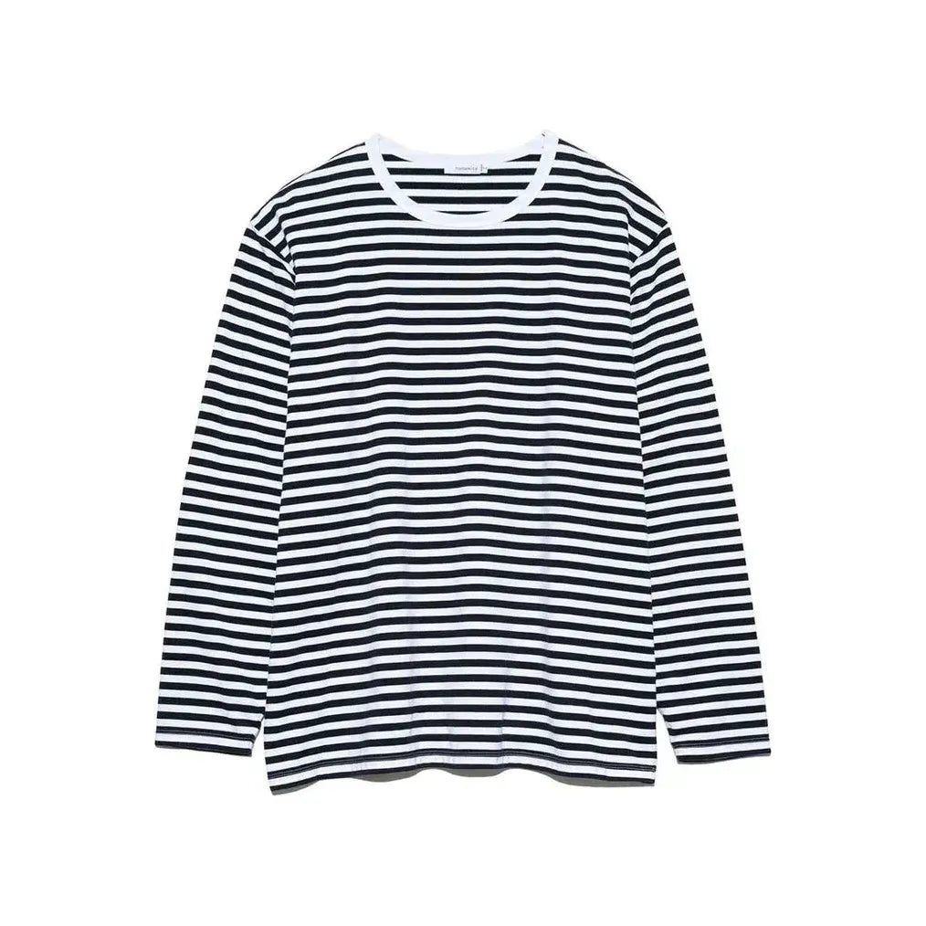 Men's navy and white striped COOLMAX jersey long-sleeve tee by nanamica, featuring a comfortable, breathable fabric for casual wear.