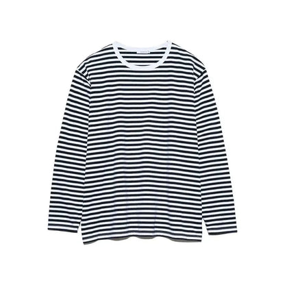 Men's navy and white striped COOLMAX jersey long-sleeve tee by nanamica, featuring a comfortable, breathable fabric for casual wear.
