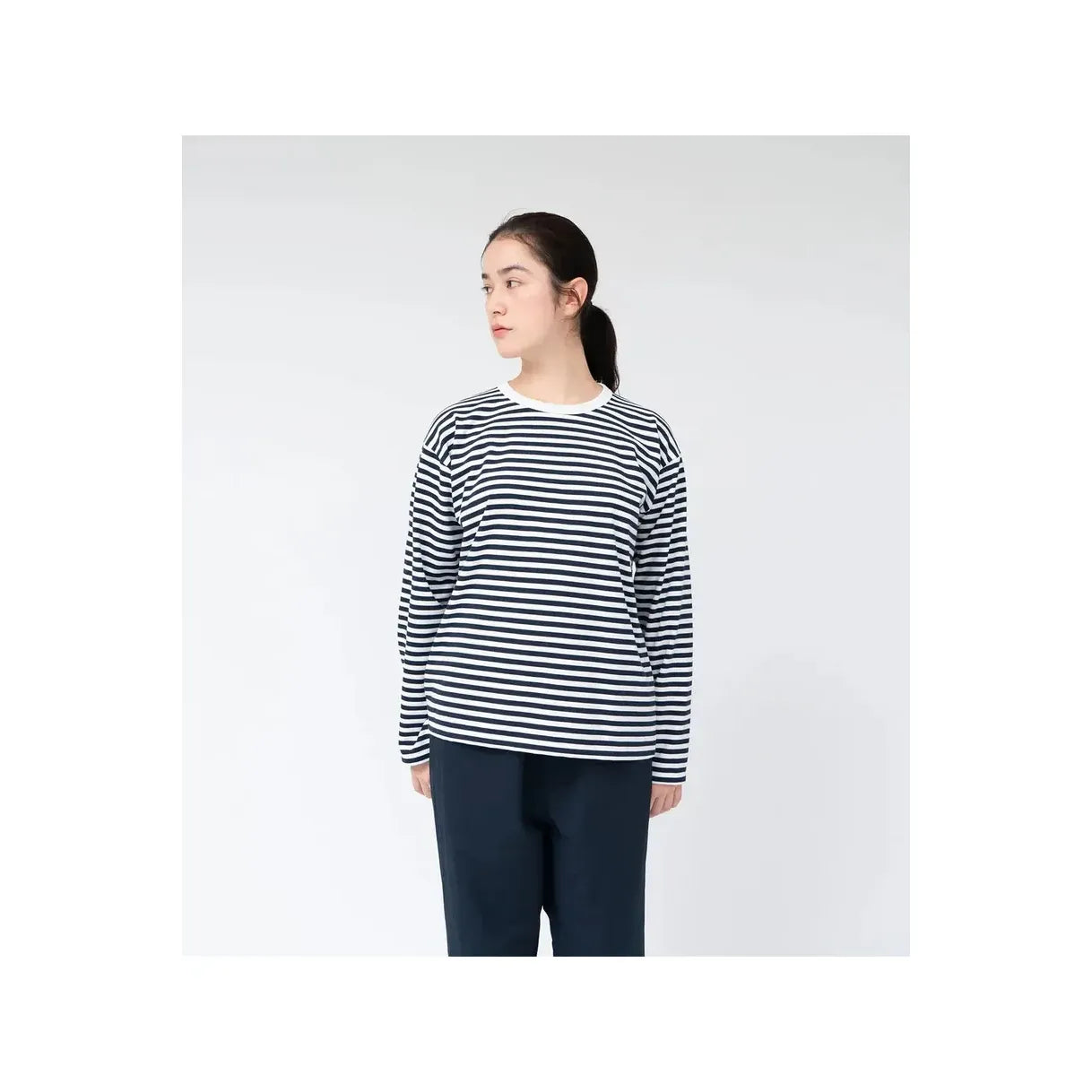 Men's navy and white COOLMAX Stripe Jersey long-sleeve tee by nanamica, featuring a classic striped pattern and comfortable fit.