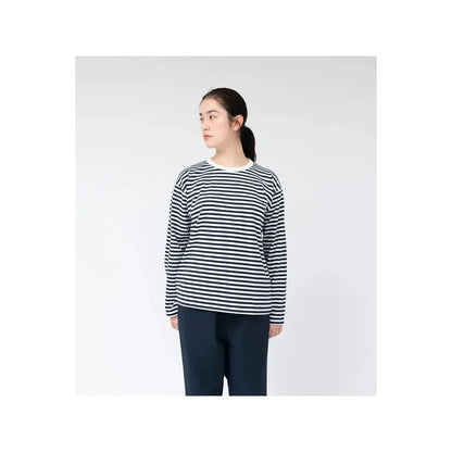 Men's navy and white COOLMAX Stripe Jersey long-sleeve tee by nanamica, featuring a classic striped pattern and comfortable fit.