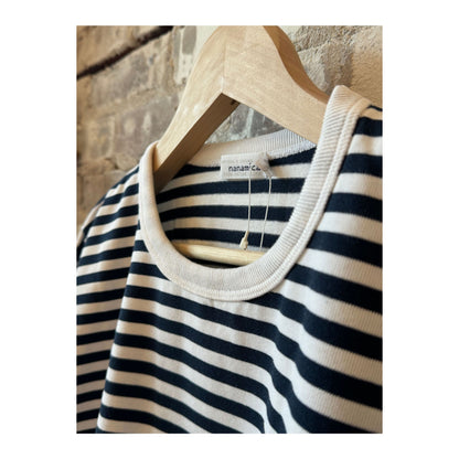 Men's navy and white COOLMAX Stripe Jersey long-sleeve T-shirt by nanamica, featuring a striped pattern and comfortable fabric.