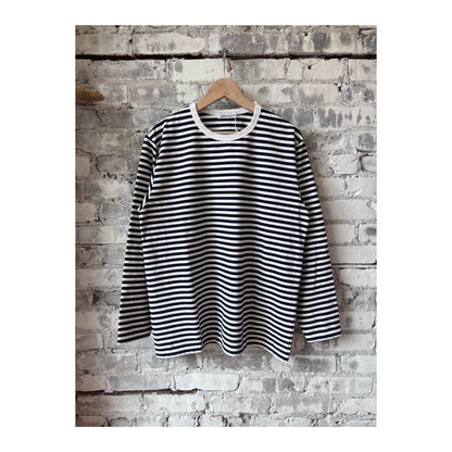Men's navy and white COOLMAX Stripe Jersey long-sleeve T-shirt by nanamica, featuring a comfortable, breathable fabric and striped design.