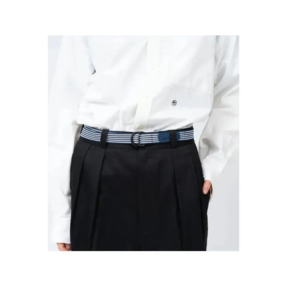 Men's navy stripe tech belt by nanamica featuring a sleek, modern design with adjustable strap and buckle.