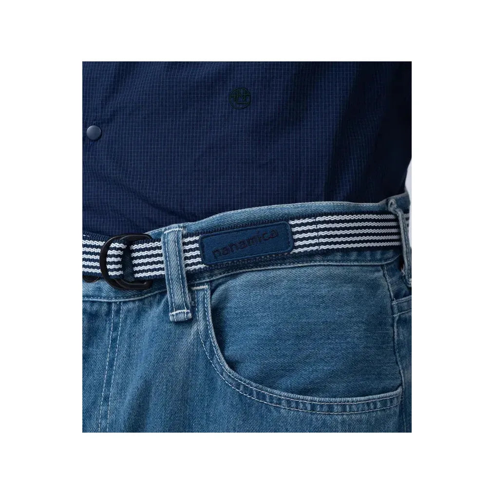 Men's navy stripe tech belt by nanamica with adjustable buckle and durable nylon strap, stylish and functional accessory.