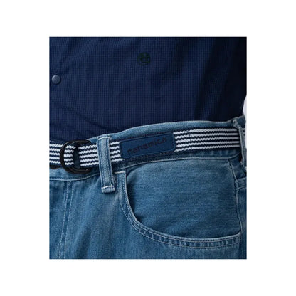 Men's navy stripe tech belt by nanamica with adjustable buckle and durable nylon strap, stylish and functional accessory.