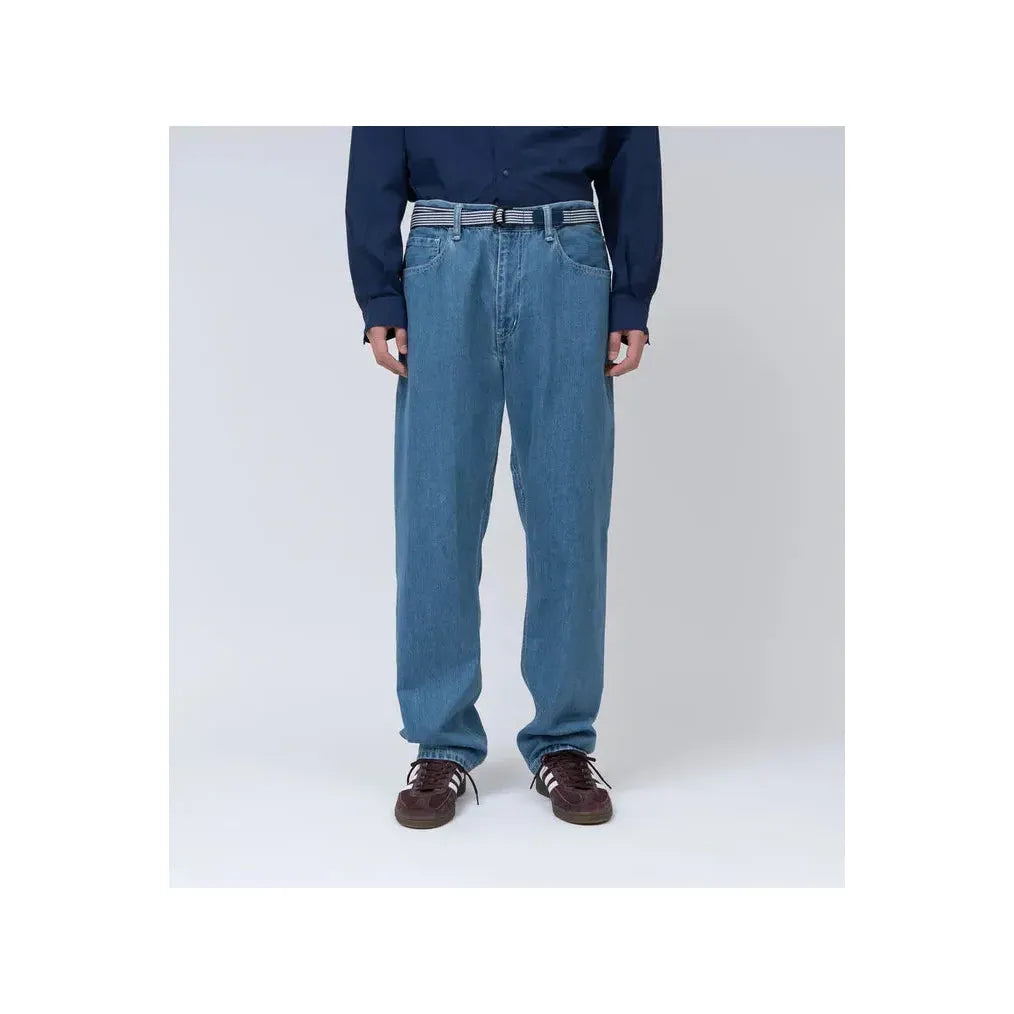 Men's navy stripe tech belt by nanamica with adjustable strap and buckle, styled for casual wear.
