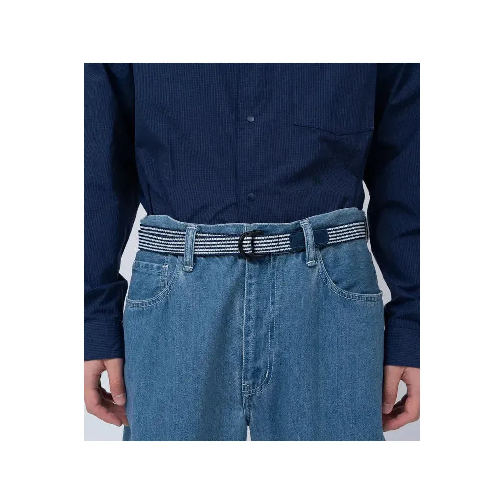 Men's navy stripe tech belt by nanamica, featuring a sleek design and durable strap, suitable for casual and smart outfits.