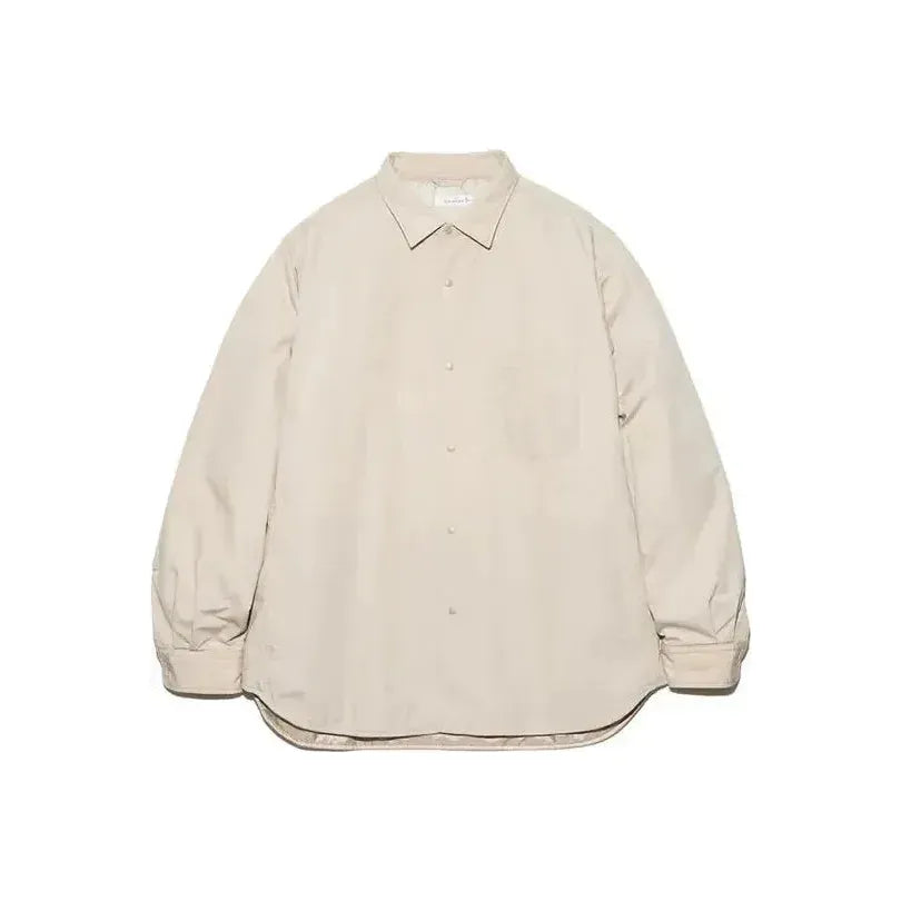 Men's beige nanamica insulation shirt jacket, lightweight and warm, shown in a close-up on a neutral background.