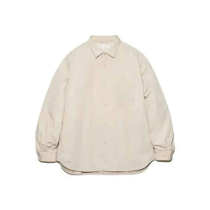 Men's beige nanamica insulation shirt jacket, lightweight and warm, shown in a close-up on a neutral background.