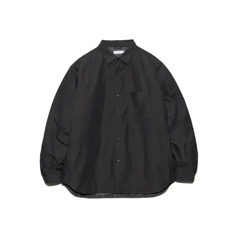 Men's gray nanamica insulation shirt jacket with a sleek design, featuring a stand collar and front zipper, ideal for layering.