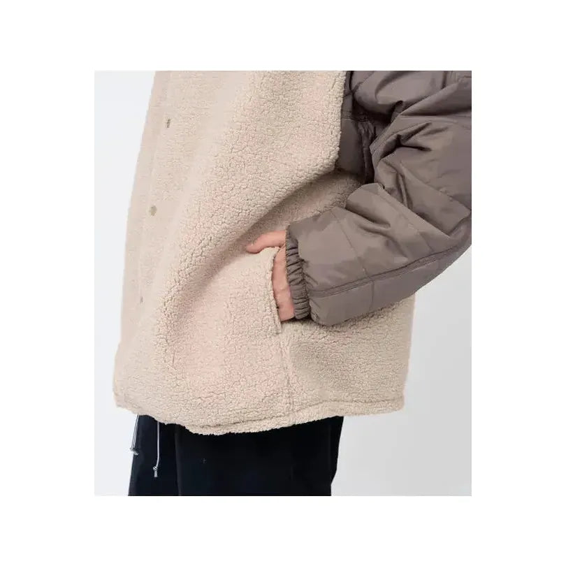 Men's beige reversible wind jacket by nanamica, showing the jacket's front and back views with wind-resistant fabric.