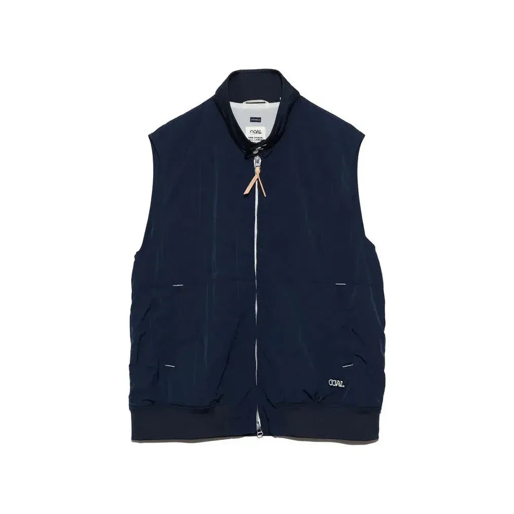 Men's navy zip-up wind vest by nanamica, lightweight and windproof, shown with front zipper and stand collar.