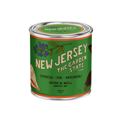 New Jersey State Soy Candle by Good & Well Supply Co. featuring the state shape and decorative label for home decor.