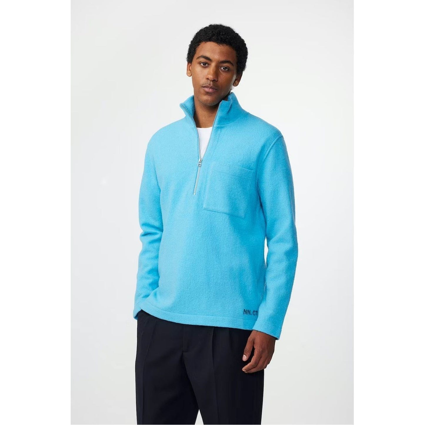 Men's NN07 Anders Merino Aquarius sweater with half-zip in cream, featuring a soft merino wool texture and casual fit.