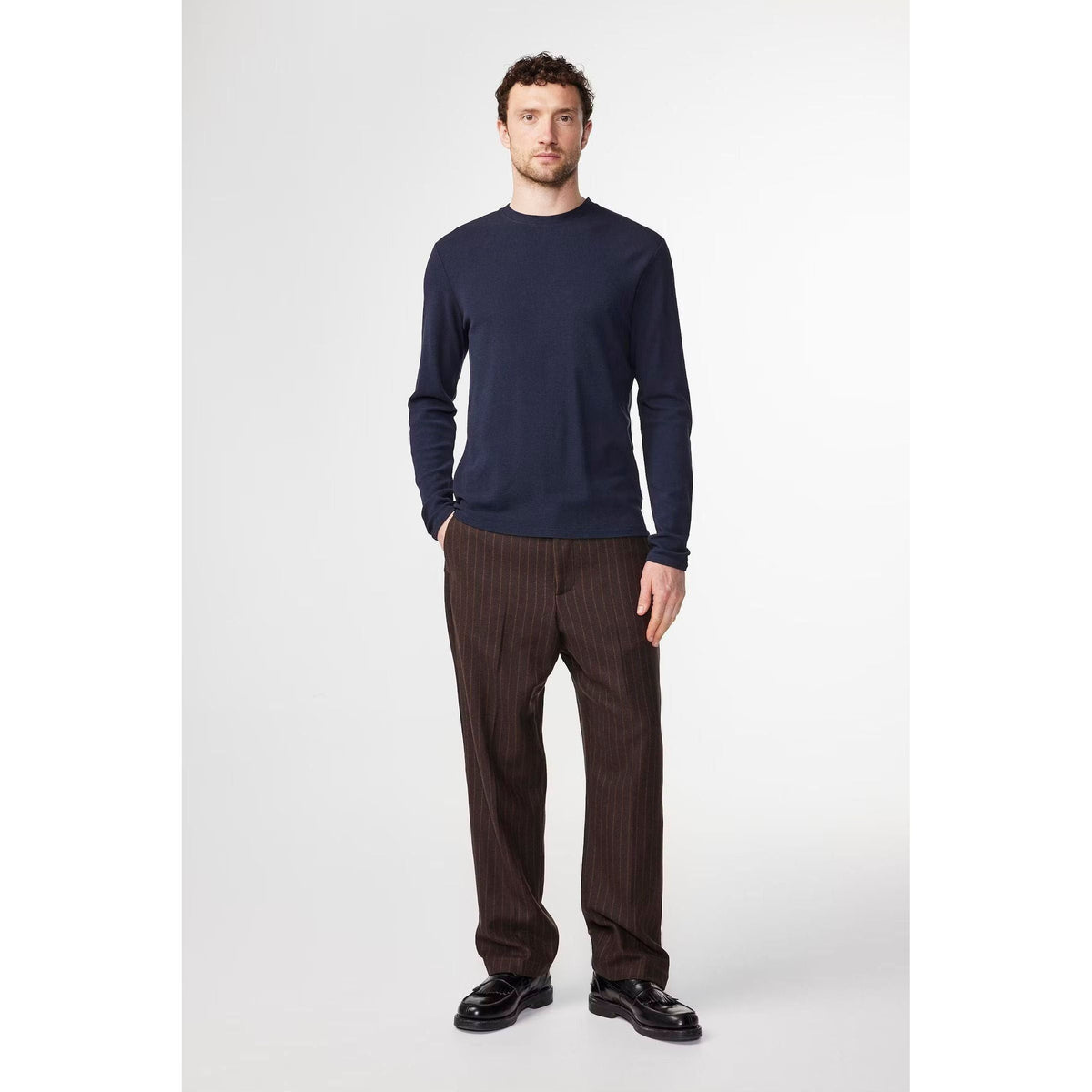Men's navy blue Clive Waffle Knit Tee by NN07, close-up of the textured waffle fabric and classic fit.