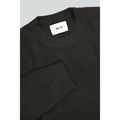 Men's NN07 Danny Sweater in Dark Army, showcasing a close-up of the dark green knit fabric and ribbed collar detail.