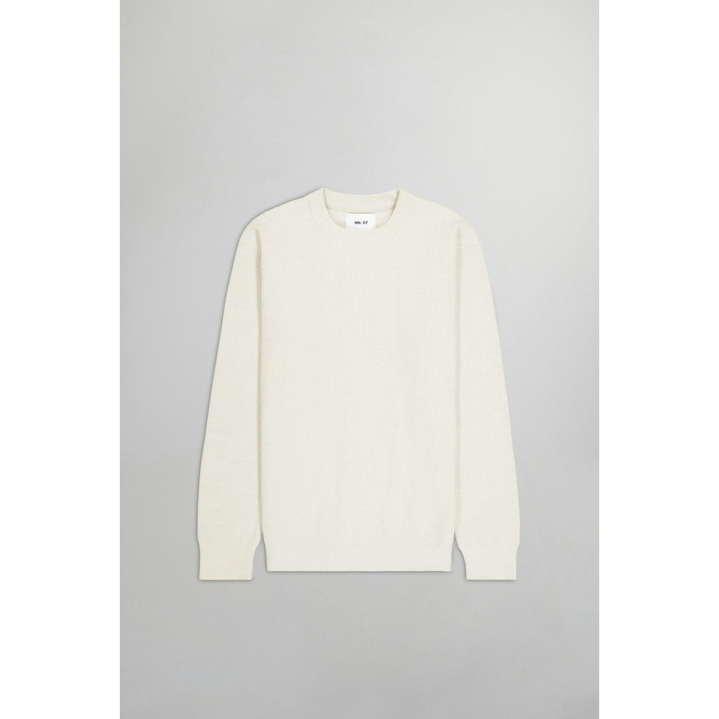 Men's NN07 Danny Sweater in ecru, soft knit fabric, close-up of the light-colored, casual men's sweater with ribbed cuffs.