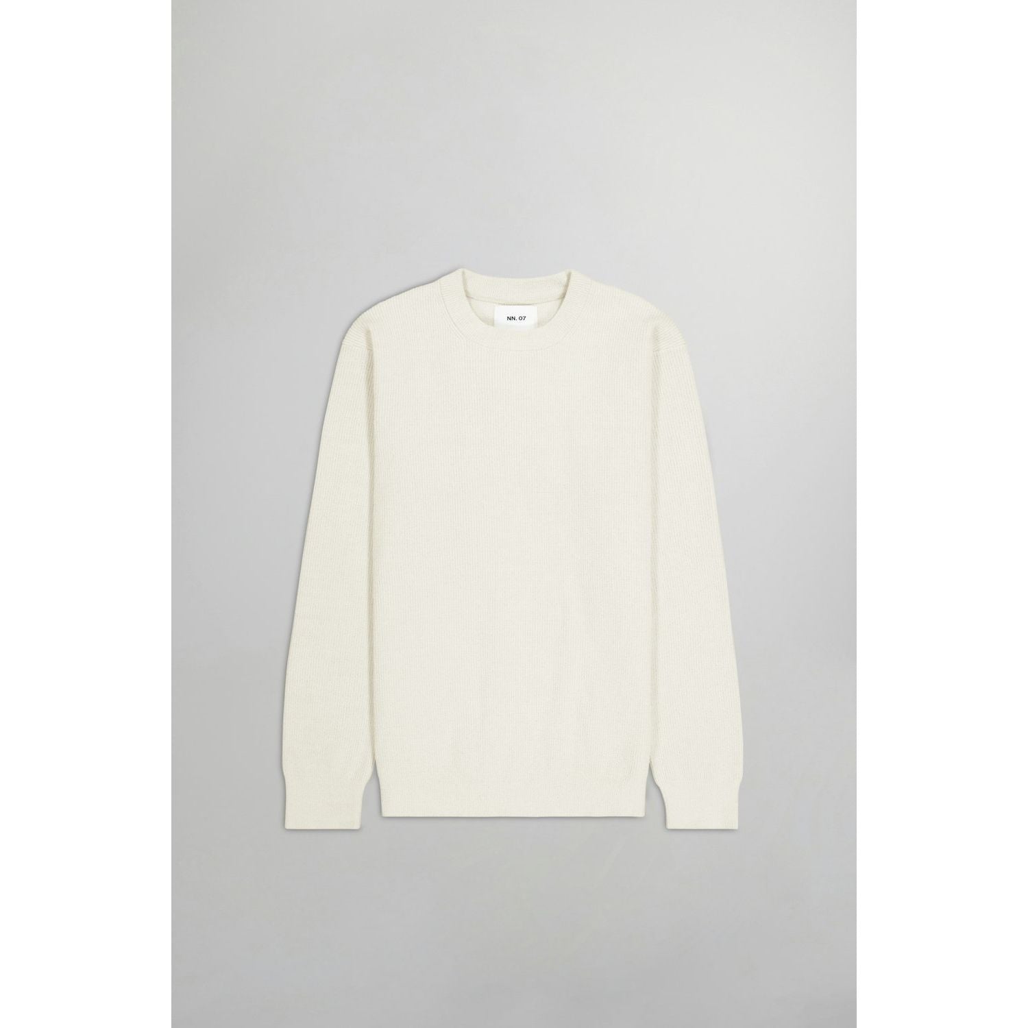 Men's NN07 Danny Sweater in ecru, soft knit fabric, close-up of the light-colored, casual men's sweater with ribbed cuffs.