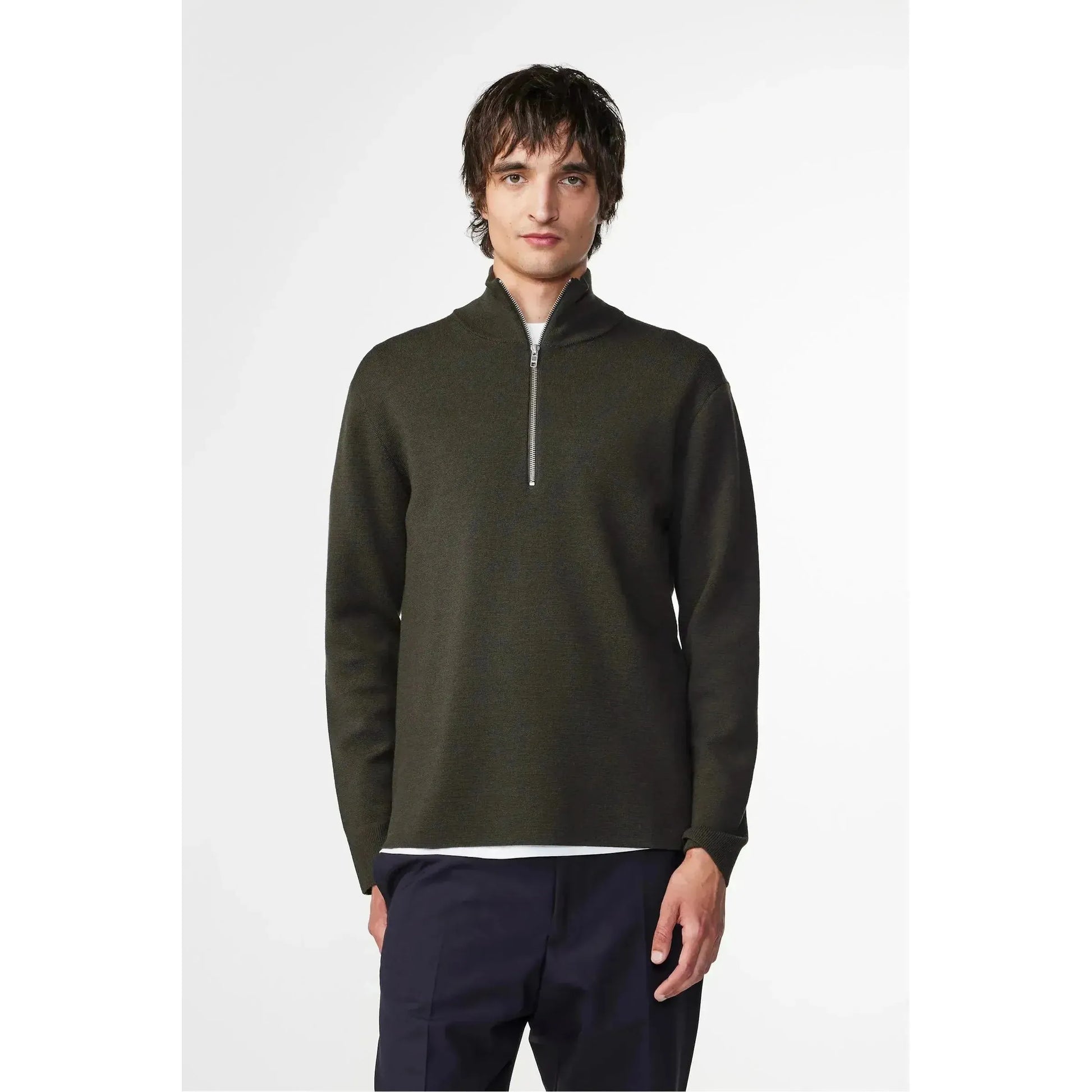 Men's NN07 Harald Wool Blend Sweater in Dark Army, half-zip style, featuring a cozy knit fabric and ribbed collar.