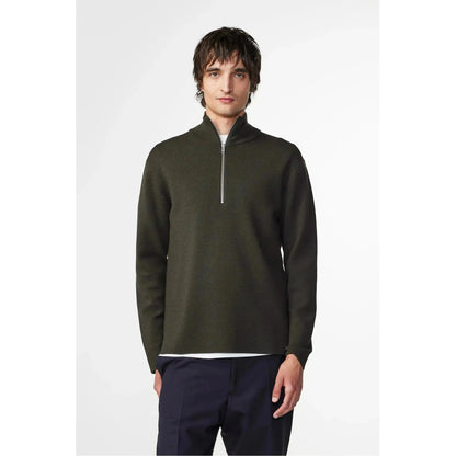 Men's NN07 Harald Wool Blend Sweater in Dark Army, half-zip style, featuring a cozy knit fabric and ribbed collar.