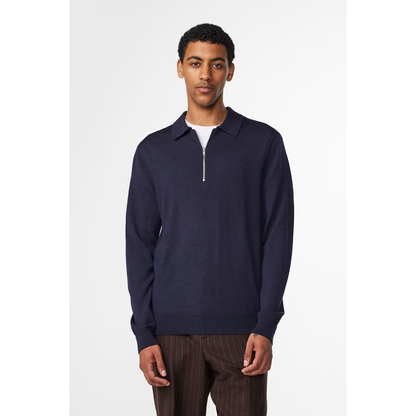 Men's navy multi Sergio Zip Mock polo shirt by NN07, featuring a zip collar and stylish design.