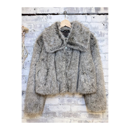 Women's Nova Faux Fur Coat by LAMARQUE, wolf print, cozy and stylish with plush faux fur exterior and tailored fit.
