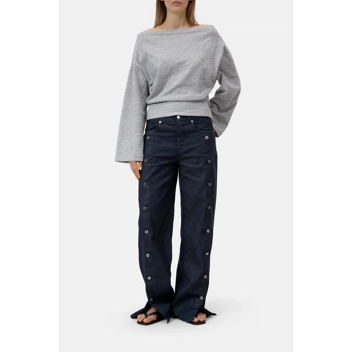 Light grey melange off-shoulder women's sweatshirt by Closed, featuring a relaxed fit and casual style.