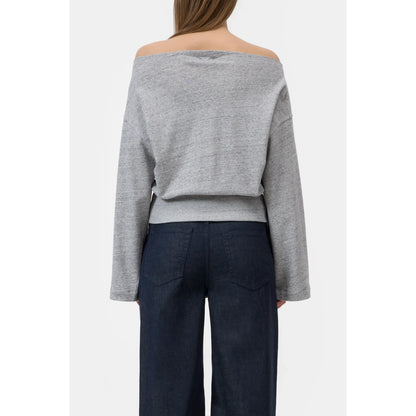 Women's off-shoulder sweatshirt in light grey melange, relaxed fit, soft fabric, by Closed Women's, displayed on a hanger.