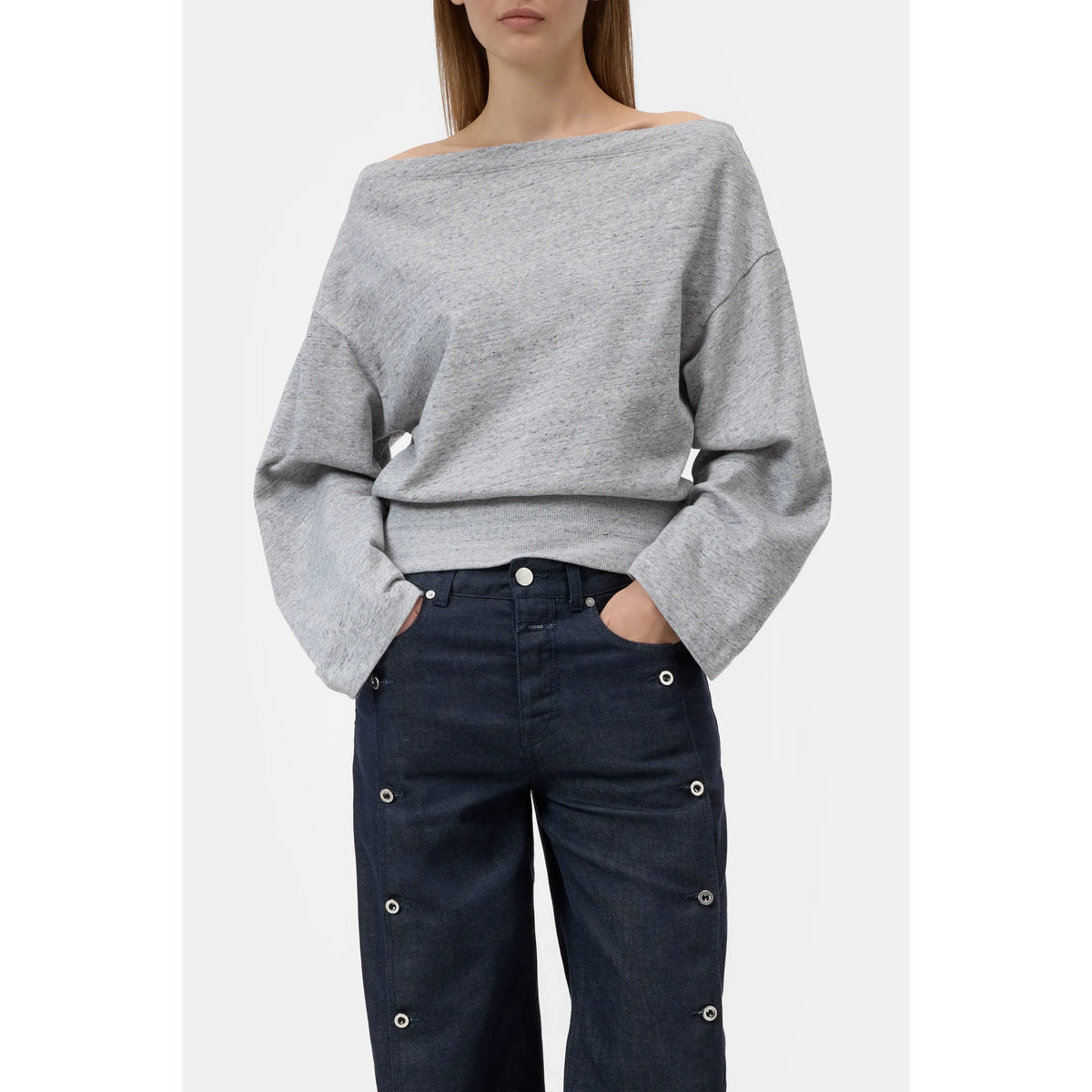 Women's off-shoulder sweatshirt in light grey melange, featuring a relaxed fit and casual style by Closed Women's.